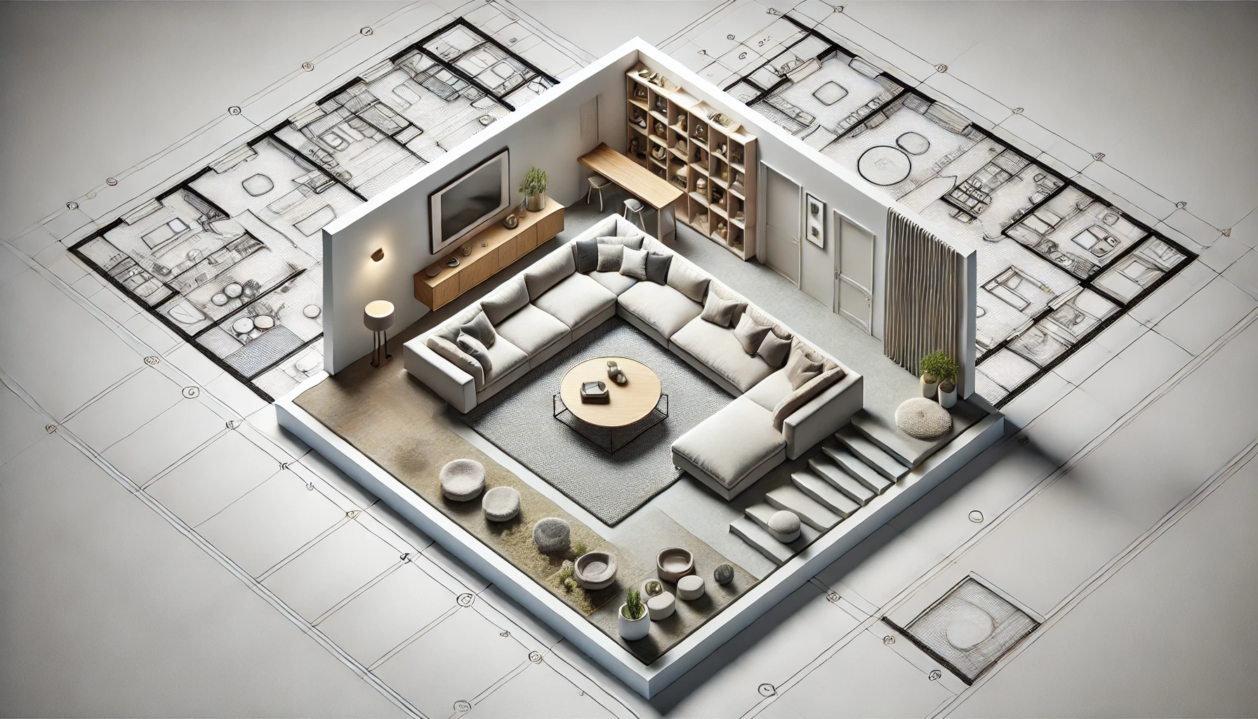 Space Planning And Functionality - A Modern Living Room With A 2D Floor Plan Space Planning And Functionality - A Modern Living Room With A 2D Floor Plan